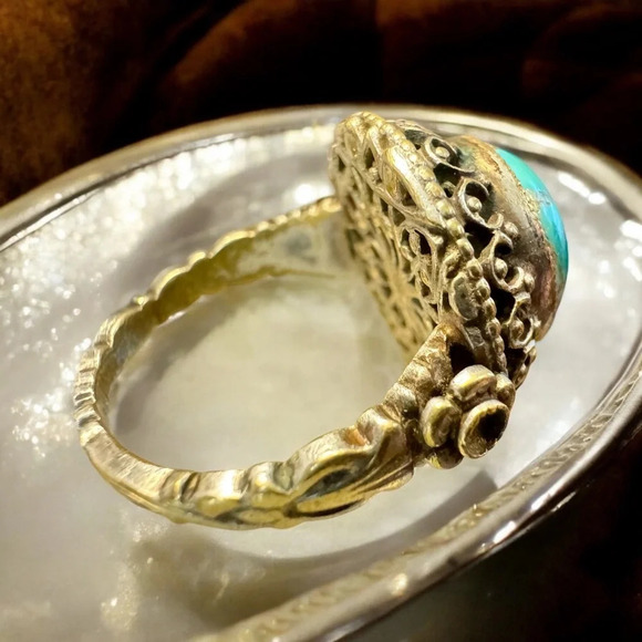 Antique Austro-Hungarian Turquoise Cannetille Gilt Ring (6) - Picture 5 of 10